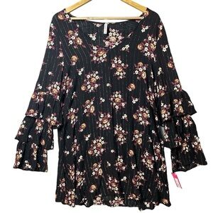 Xhilaration Black Floral Print‎ V-neck Mini Dress Long Tunic Top Tiered Sleeves